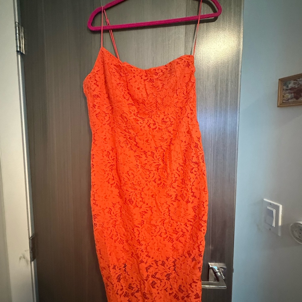 Bardot Orange Lace Midi Dress with One Shoulder Spaghetti Strap